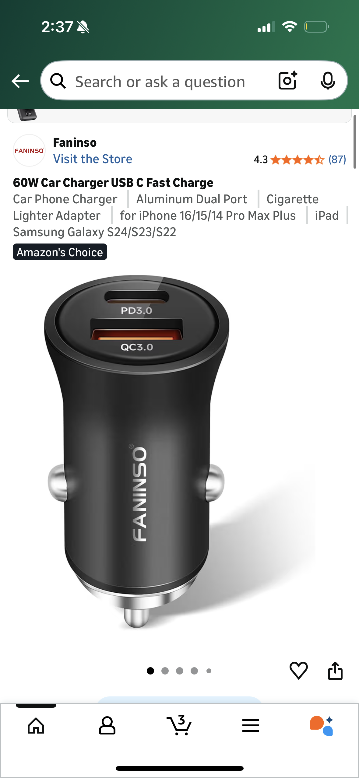 60W Car Charger USB C Fast Charge