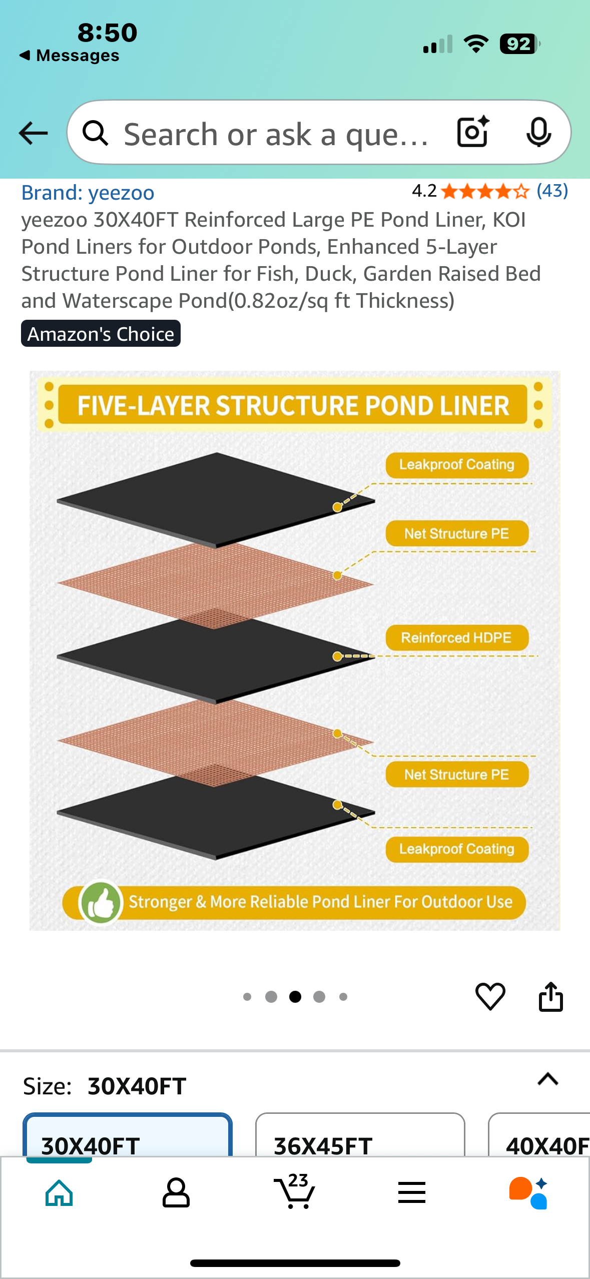 30X40FT Reinforced Large PE Pond Liner, KOI Pond Liners for Outdoor Ponds, Pond Liner for Fish, Duck, Garden Raised Bed, Waterscape Pond(0.82oz/sq ft Thickness) (R639)