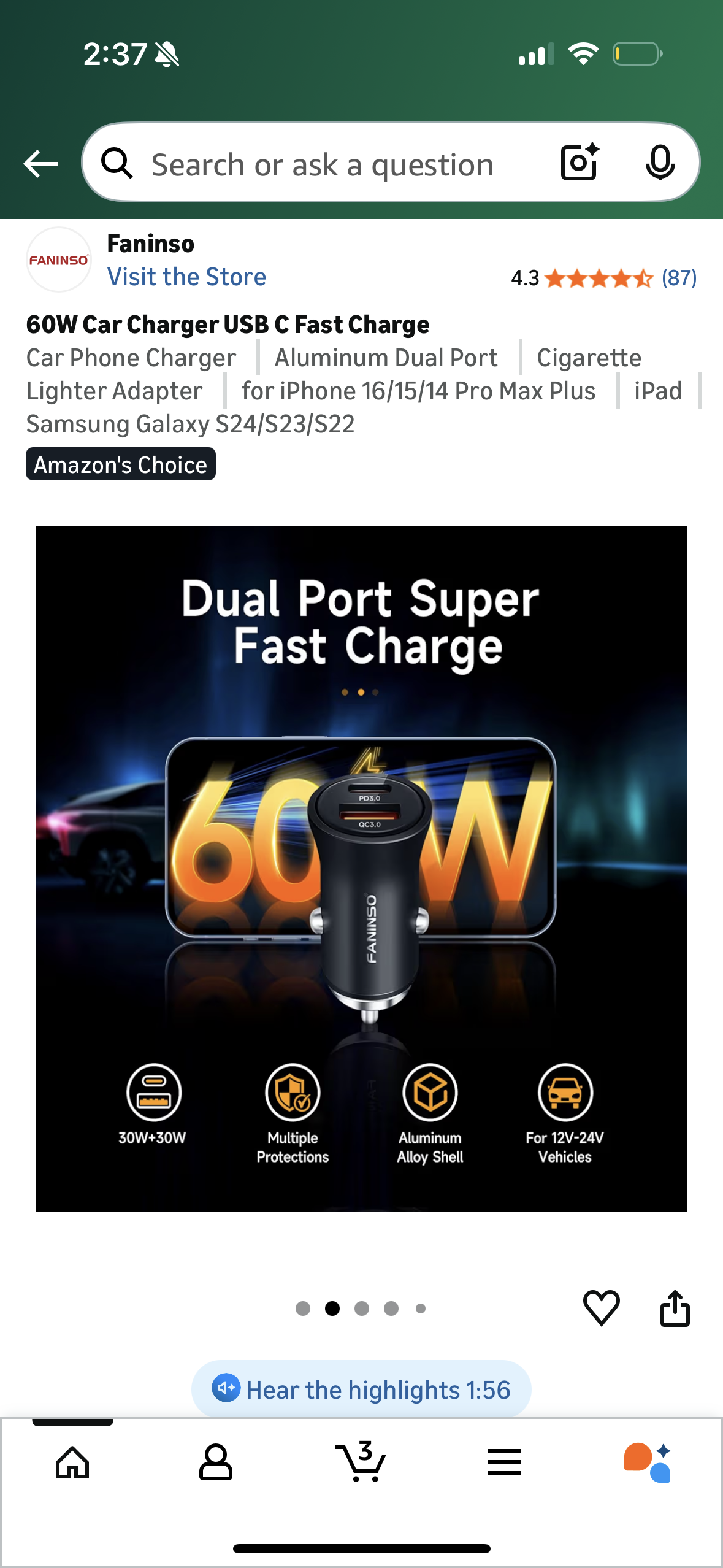 60W Car Charger USB C Fast Charge