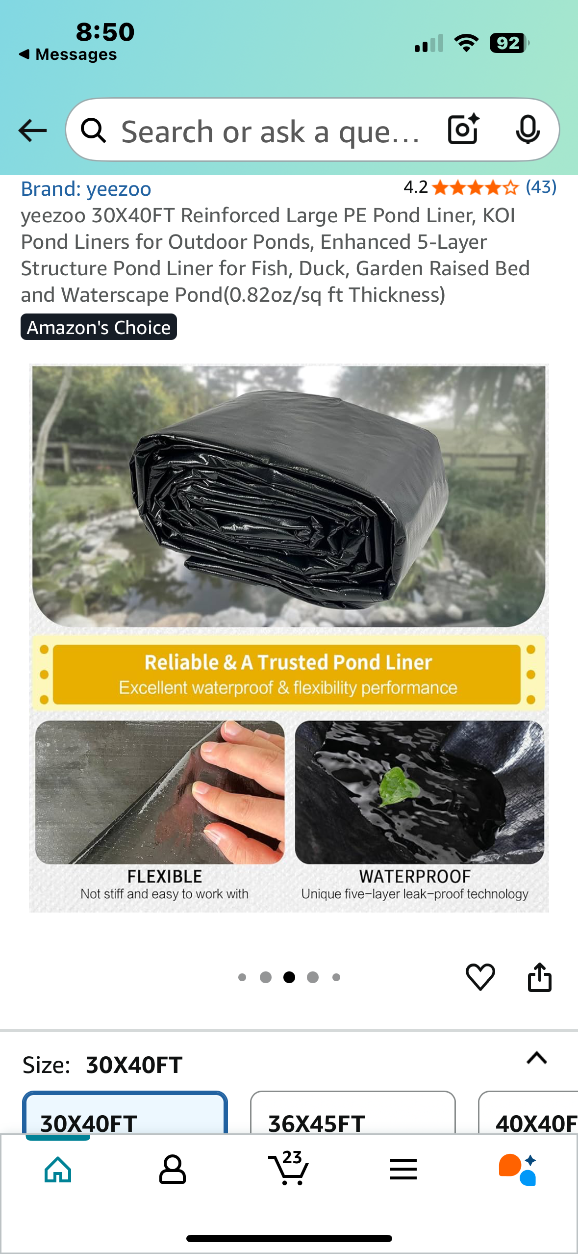30X40FT Reinforced Large PE Pond Liner, KOI Pond Liners for Outdoor Ponds, Pond Liner for Fish, Duck, Garden Raised Bed, Waterscape Pond(0.82oz/sq ft Thickness) (R639)