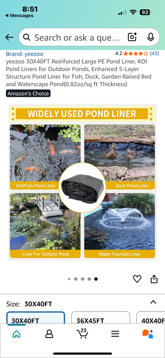 30X40FT Reinforced Large PE Pond Liner, KOI Pond Liners for Outdoor Ponds, Pond Liner for Fish, Duck, Garden Raised Bed, Waterscape Pond(0.82oz/sq ft Thickness) (R639)