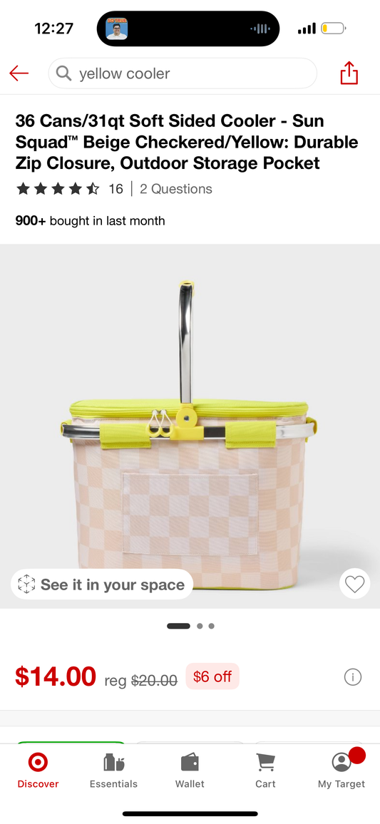36 Cans/31qt Soft Sided Cooler - Sun Squad™ Beige Checkered/Yellow: Durable Zip Closure, Outdoor Storage Pocket