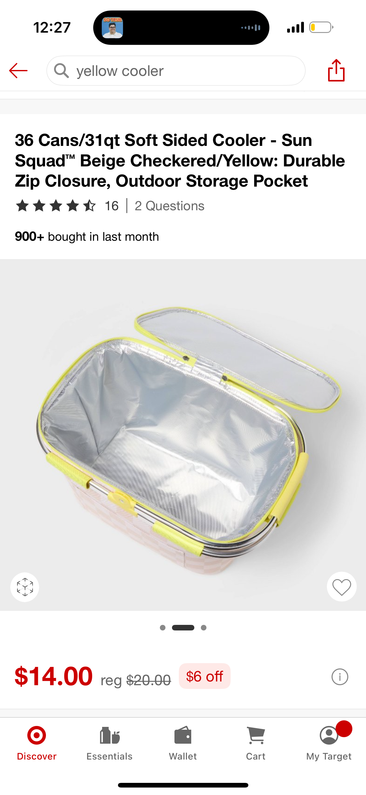 36 Cans/31qt Soft Sided Cooler - Sun Squad™ Beige Checkered/Yellow: Durable Zip Closure, Outdoor Storage Pocket