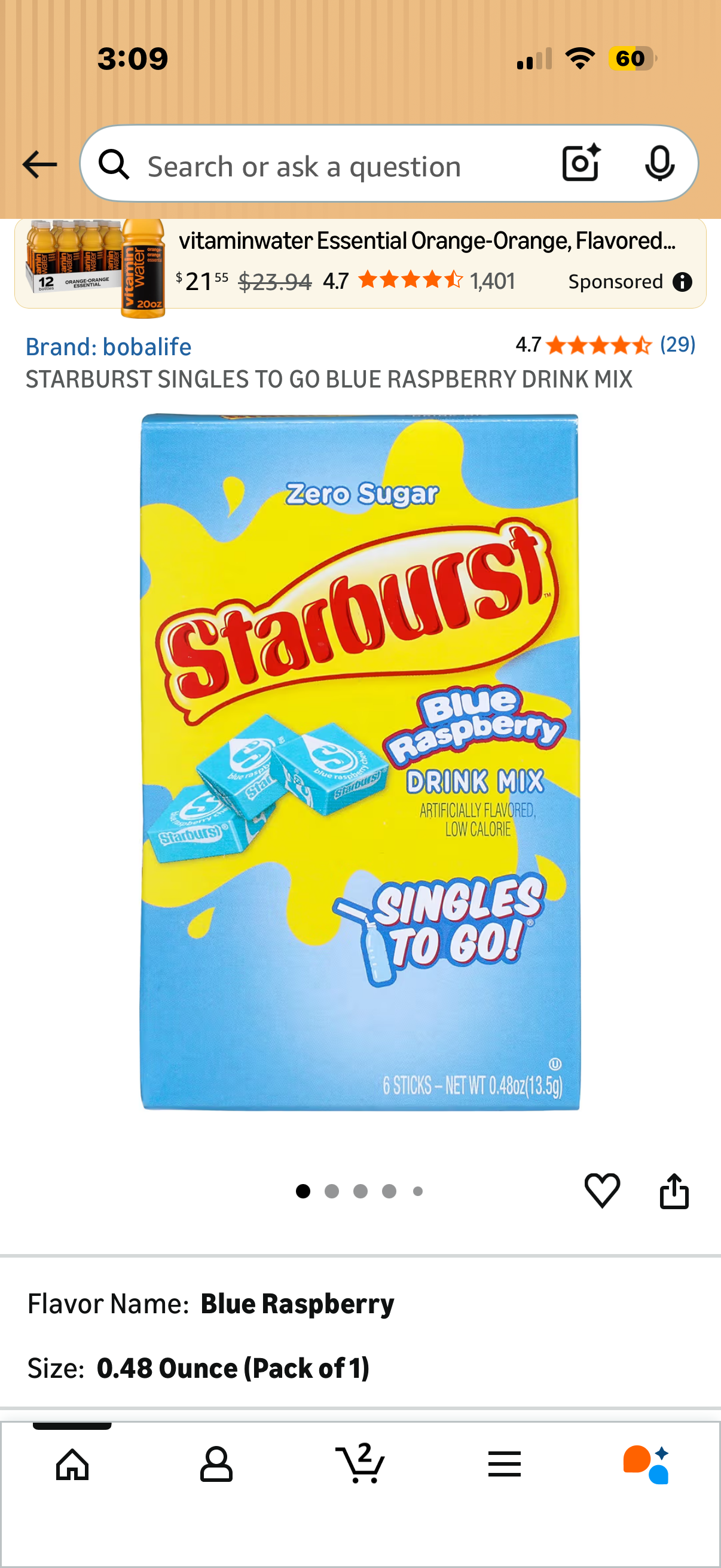 STARBURST SINGLES TO GO BLUE RASPBERRY DRINK MIX