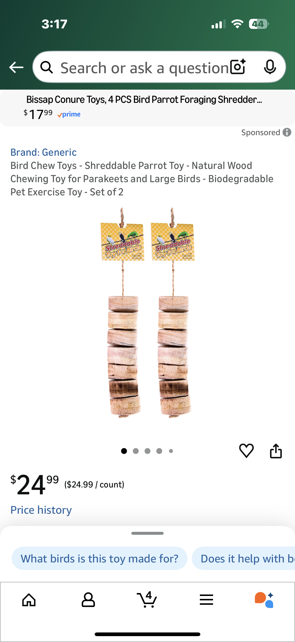 Bird Chew Toys - Shreddable Parrot Toy - Natural Wood Chewing Toy for Parakeets and Large Birds - Biodegradable Pet Exercise Toy - Set of 2