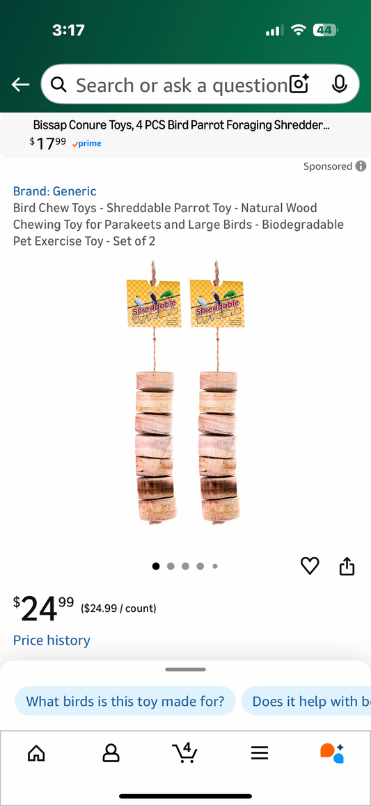 Bird Chew Toys - Shreddable Parrot Toy - Natural Wood Chewing Toy for Parakeets and Large Birds - Biodegradable Pet Exercise Toy - Set of 2