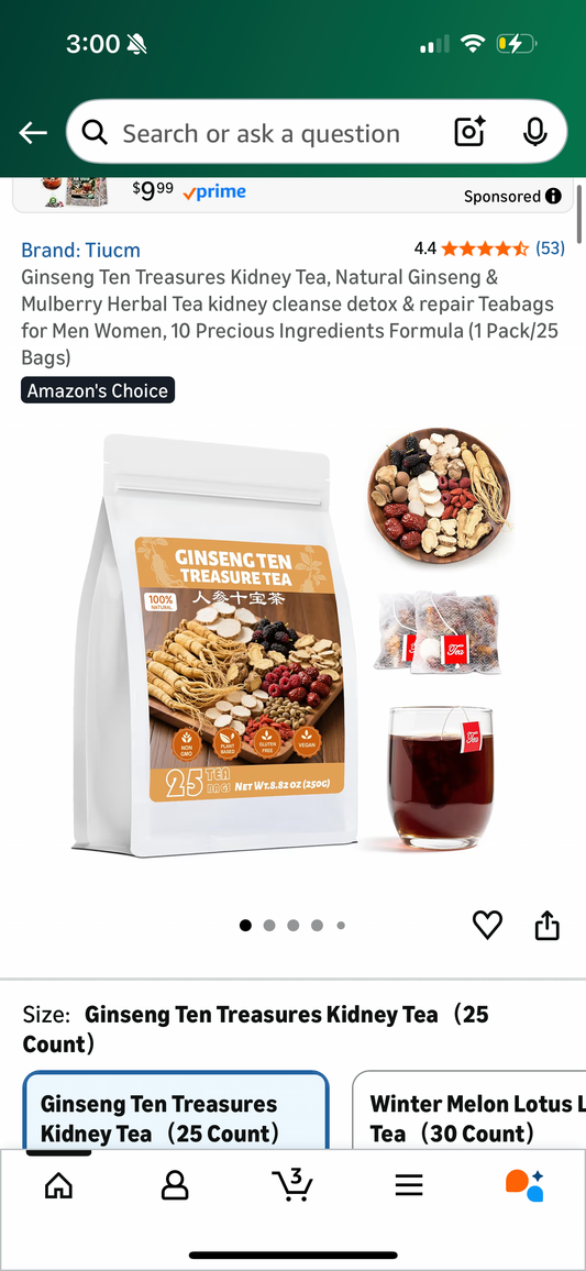 Ginseng Ten Treasures Kidney Tea, Natural Ginseng & Mulberry Herbal Tea kidney cleanse detox & repair Teabags for Men Women, 10 Precious Ingredients Formula (1 Pack/25 Bags)