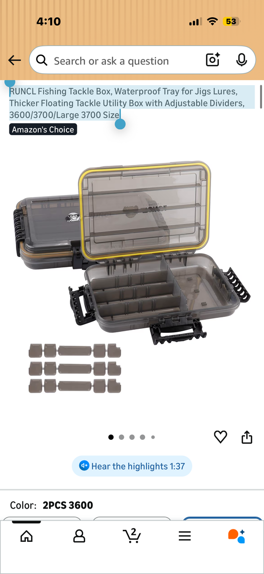RUNCL Fishing Tackle Box, Waterproof Tray for Jigs Lures, Thicker Floating Tackle Utility Box with Adjustable Dividers, 3600/3700/Large 3700 Size