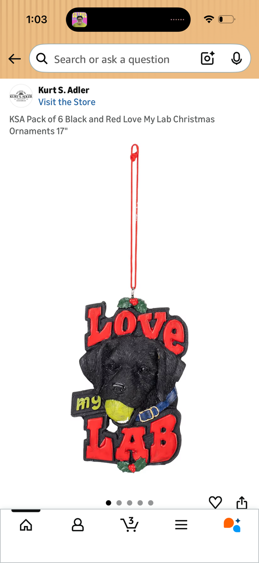 Black and Red Love My Lab Christmas Ornament 17'