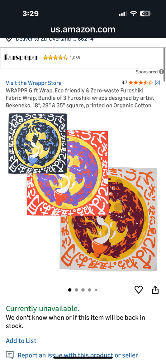 WRAPPR Gift Wrap, Eco friendly & Zero-waste Furoshiki Fabric Wrap, Bundle of 3 Furoshiki wraps designed by artist Bekeneko, 18”, 28” & 35” square, printed on Organic Cotton