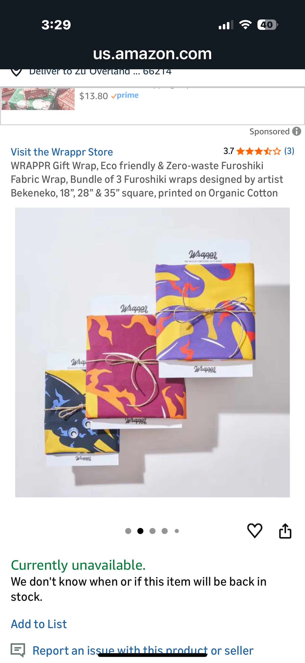 WRAPPR Gift Wrap, Eco friendly & Zero-waste Furoshiki Fabric Wrap, Bundle of 3 Furoshiki wraps designed by artist Bekeneko, 18”, 28” & 35” square, printed on Organic Cotton