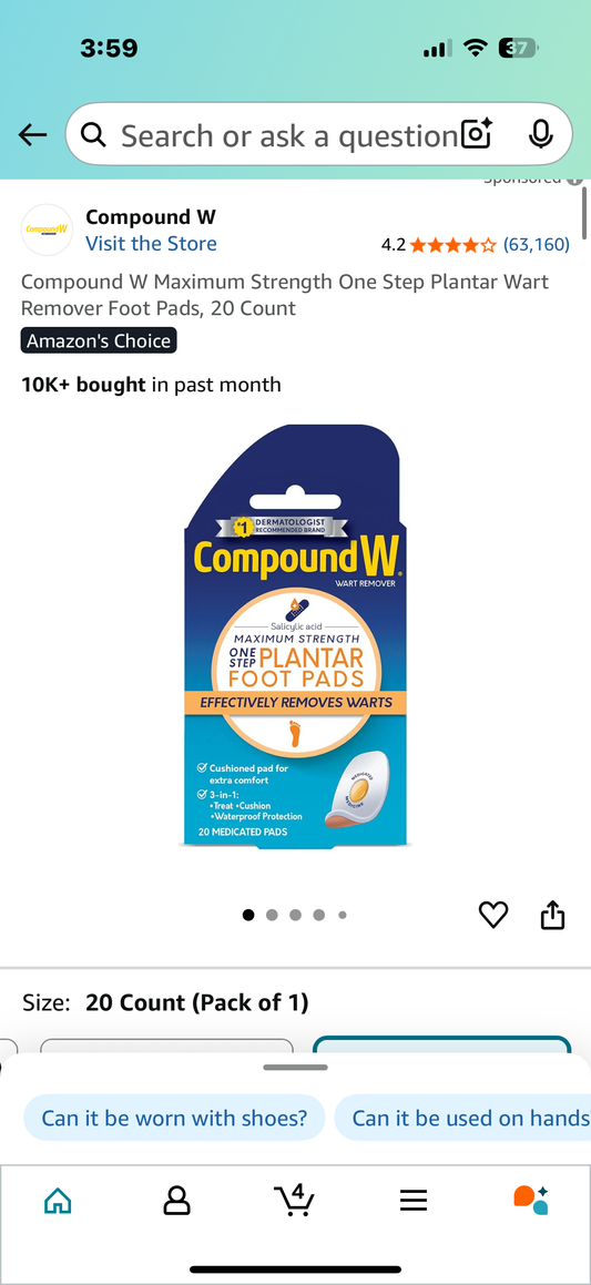 Compound W Maximum Strength One Step Plantar Wart Remover Foot Pads, 20 Count