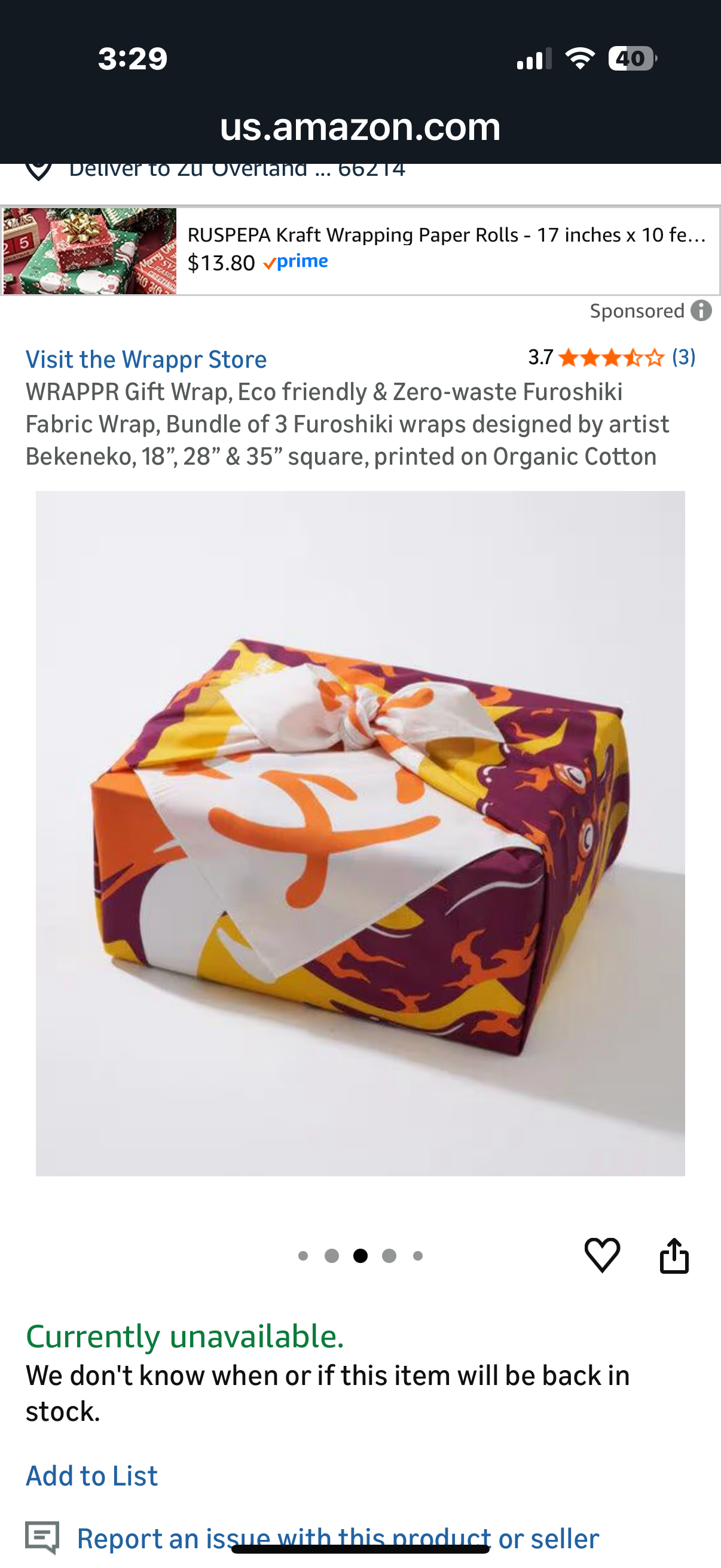 WRAPPR Gift Wrap, Eco friendly & Zero-waste Furoshiki Fabric Wrap, Bundle of 3 Furoshiki wraps designed by artist Bekeneko, 18”, 28” & 35” square, printed on Organic Cotton