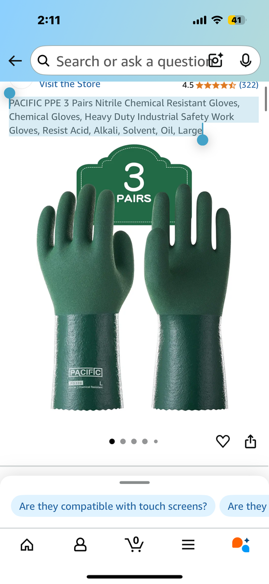 PACIFIC PPE 3 Pairs Nitrile Chemical Resistant Gloves, Chemical Gloves, Heavy Duty Industrial Safety Work Gloves, Resist Acid, Alkali, Solvent, Oil, Large