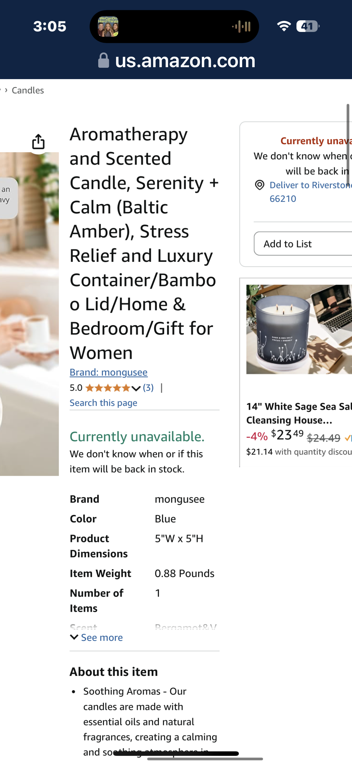 Aromatherapy and Scented Candle, Serenity + Calm/Bergamot Lavender or Baltic Amber, Stress Relief and Luxury Container/Bamboo Lid/Home & Bedroom Gift for Women