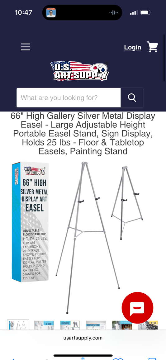 66" High Gallery Silver Metal Display Easel - Large Adjustable Height Portable Easel Stand, Sign Display, Holds 25 lbs - Floor & Tabletop Easels, Painting Stand