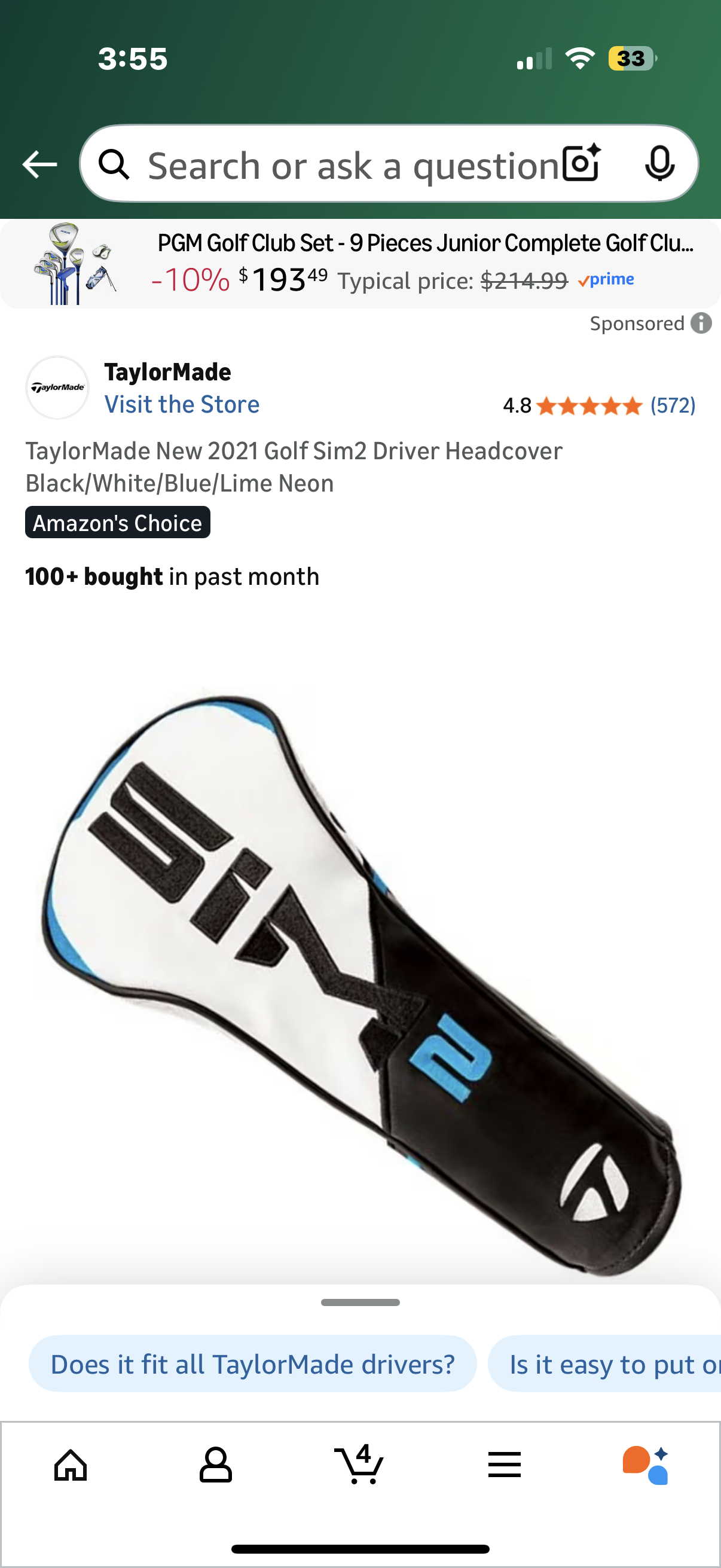 TaylorMade New 2021 Golf Sim2 Driver Headcover Black/White/Blue/Lime Neon