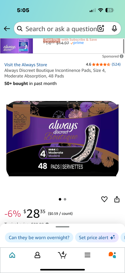 Always Discreet Boutique Incontinence Pads, Size 4, Moderate Absorption, 48 Pads