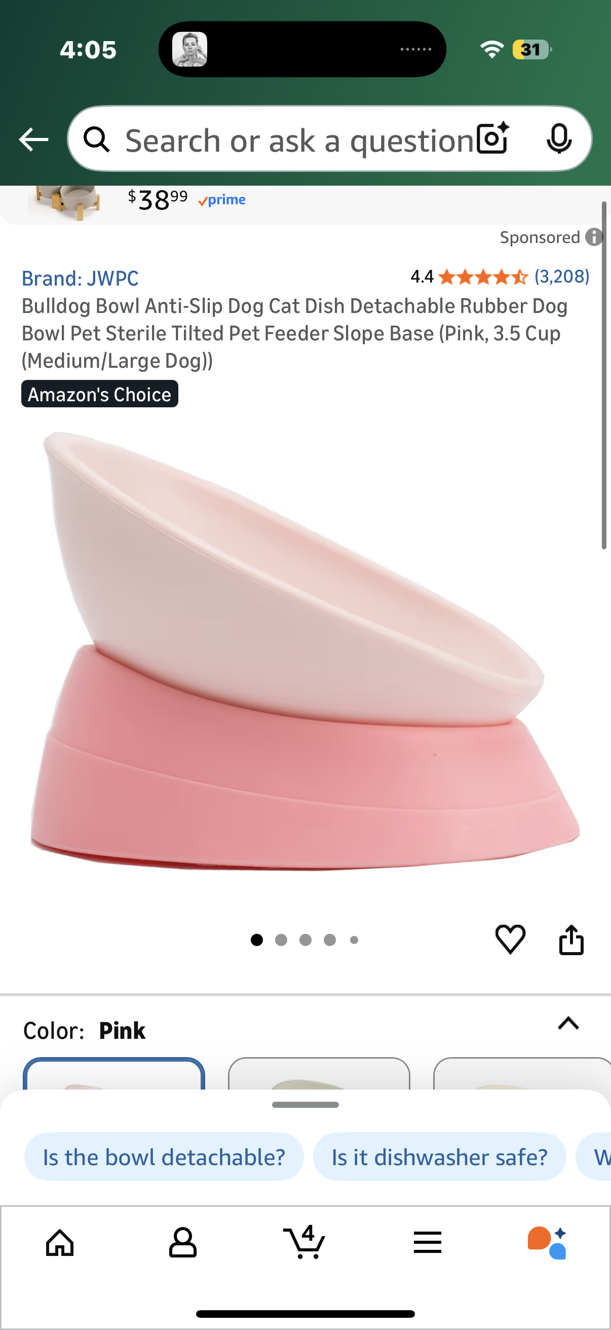 Bulldog Bowl Anti-Slip Dog Cat Dish Detachable Rubber Dog Bowl Pet Sterile Tilted Pet Feeder Slope Base (Pink, 3.5 Cup (Medium/Large Dog