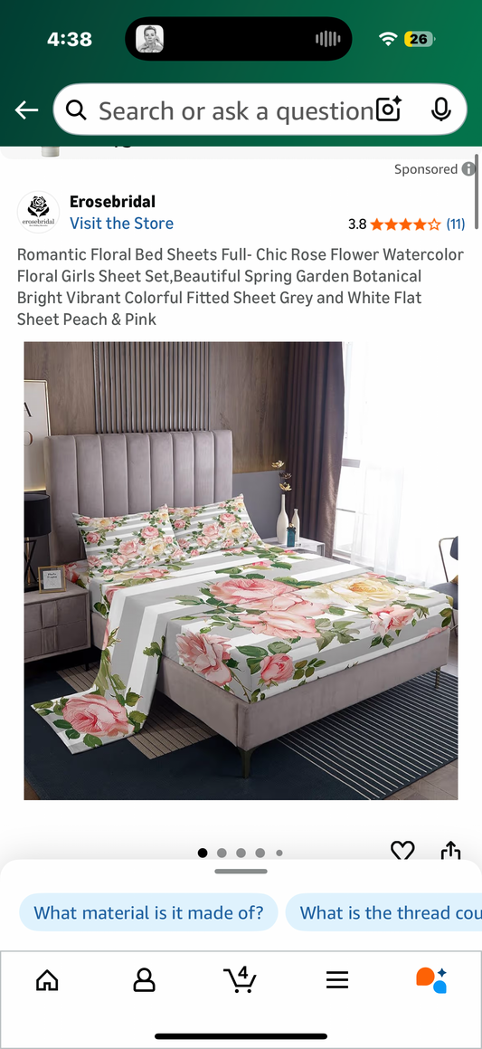 Romantic Floral Bed Sheets Full- Chic Rose Flower Watercolor Floral Girls Sheet Set,Beautiful Spring Garden Botanical Bright Vibrant Colorful Fitted Sheet Grey and White Flat Sheet Peach & Pink Size Full