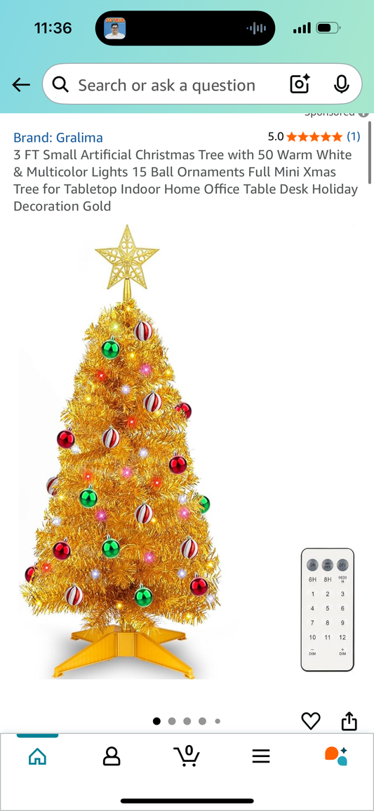 3 FT Small Artificial Christmas Tree with 50 Warm White & Multicolor Lights 15 Ball Ornaments Full Mini Xmas Tree for Tabletop Indoor Home Office Table Desk Holiday Decoration Gold