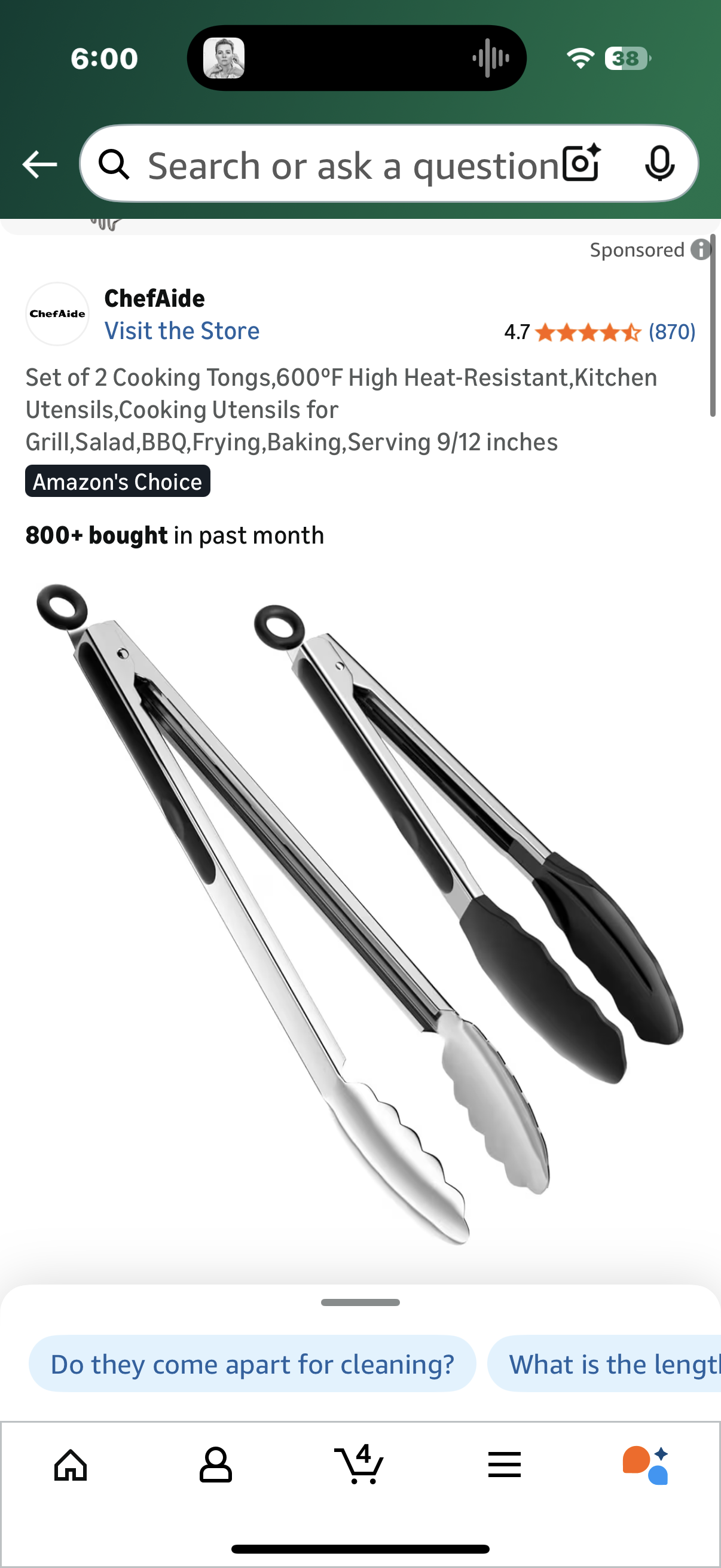 Set of 2 Cooking Tongs,600ºF High Heat-Resistant,Kitchen Utensils,Cooking Utensils for Grill,Salad,BBQ,Frying,Baking,Serving 9/12 inches