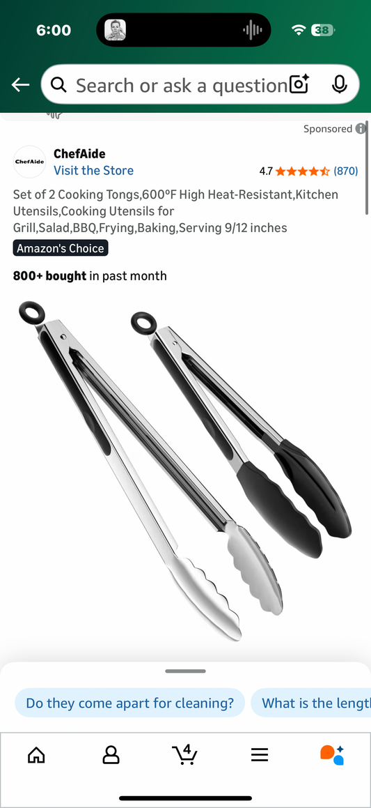 Set of 2 Cooking Tongs,600ºF High Heat-Resistant,Kitchen Utensils,Cooking Utensils for Grill,Salad,BBQ,Frying,Baking,Serving 9/12 inches