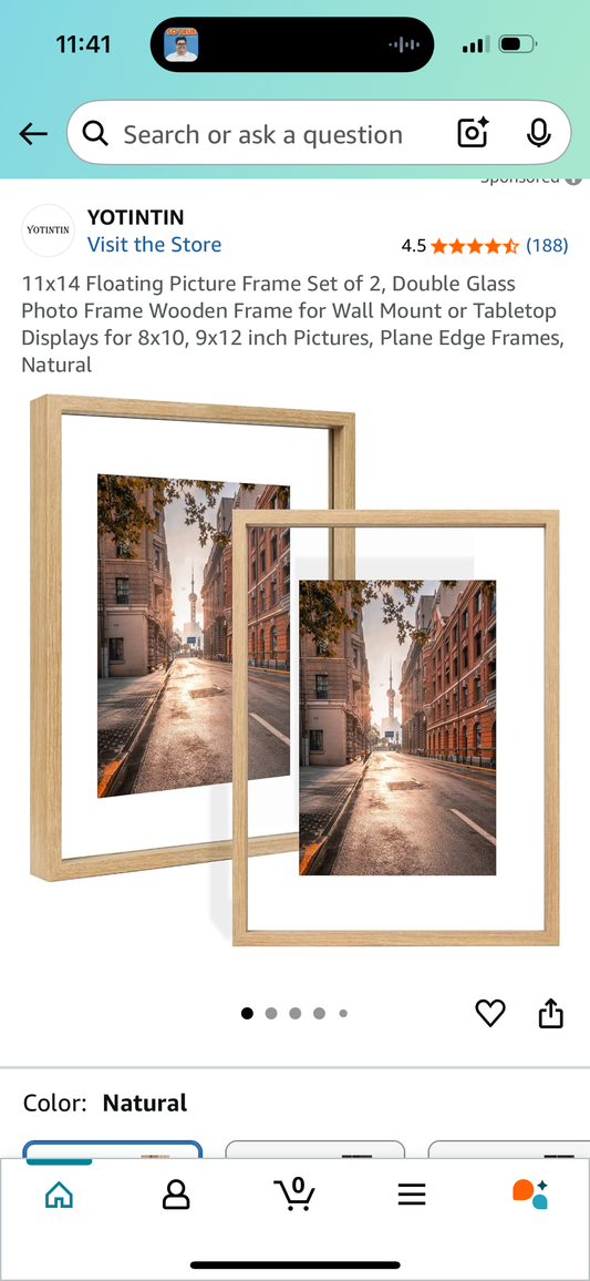 9x11 Floating Picture Frame Set of 2, Double Glass Photo Frame Wooden Frame for Wall Mount or Tabletop Displays