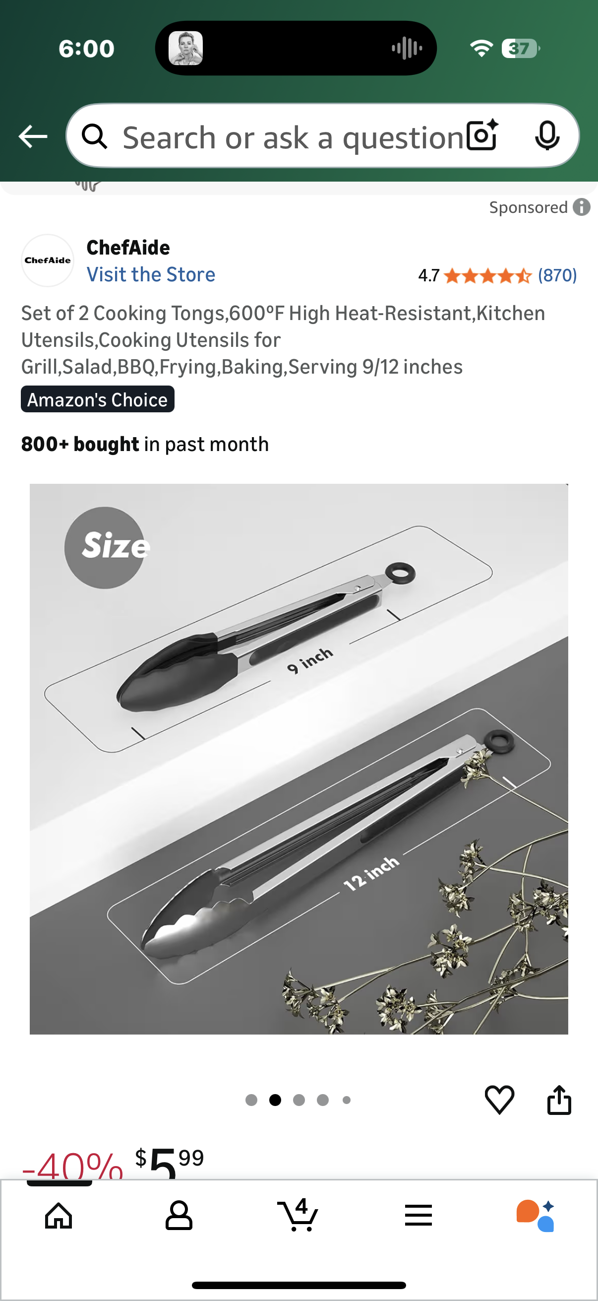 Set of 2 Cooking Tongs,600ºF High Heat-Resistant,Kitchen Utensils,Cooking Utensils for Grill,Salad,BBQ,Frying,Baking,Serving 9/12 inches