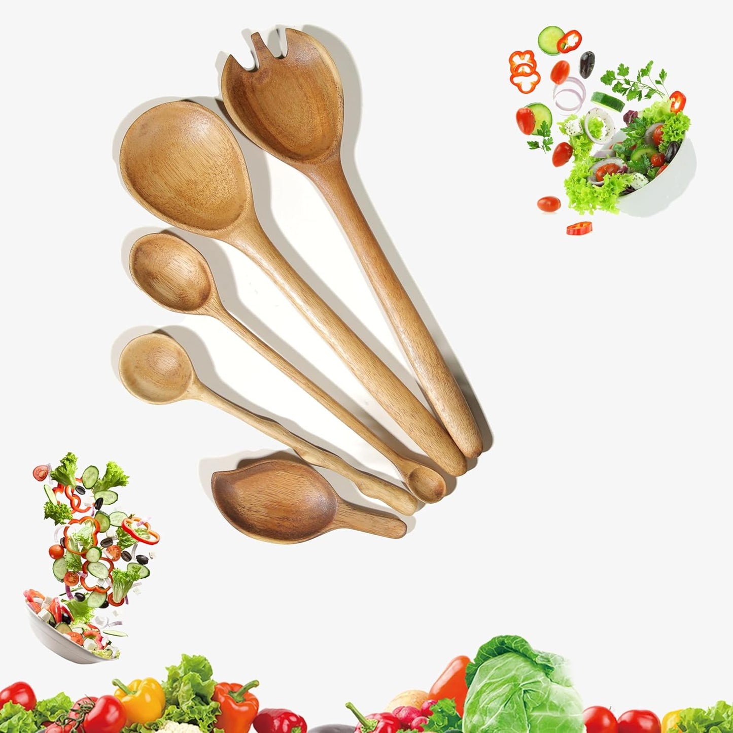 Wooden Salad Utensils Set, Wooden Salad Servers for Serving,5 Wooden Spoons, Housewives Gifts, Gifts For Mom Cooking, Handmade Gifts for Mother's Day, Unique Kitchen Gifts