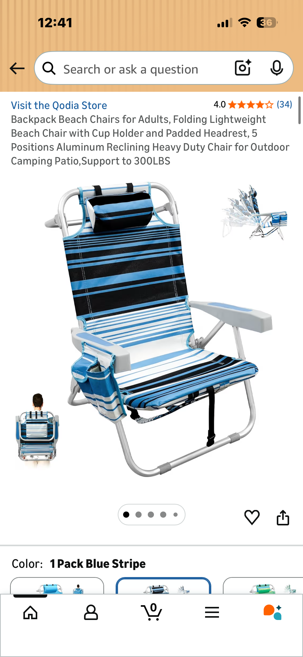 Heavy Duty, 5-Position Classic Beach Chair, Lightweight, Compact Portable, Lay Flat Folding Chair with Backpack Straps, Support to 300LBS Beach Chair for Sand, Patio,Camping (W619)
