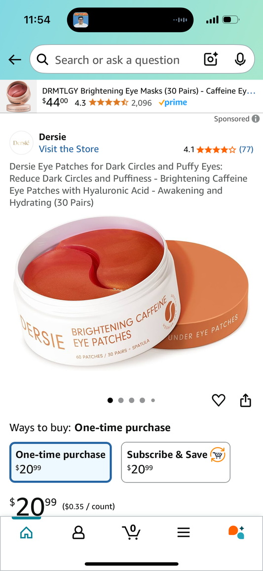Dersie Eye Patches for Dark Circles and Puffy Eyes: Reduce Dark Circles and Puffiness - Brightening Caffeine Eye Patches with Hyaluronic Acid - Awakening and Hydrating (30 Pairs)