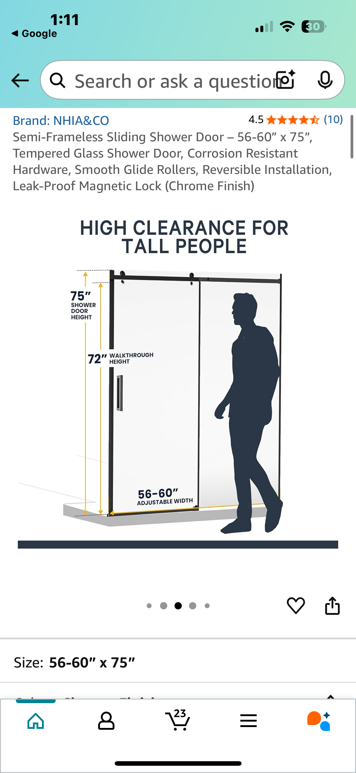 Semi-Frameless Sliding Shower Door – 56-60” x 75”, Tempered Glass Shower Door, Corrosion Resistant Hardware, Smooth Glide Rollers, Reversible Installation, Leak-Proof Magnetic Lock (Chrome Finish) (B1033)