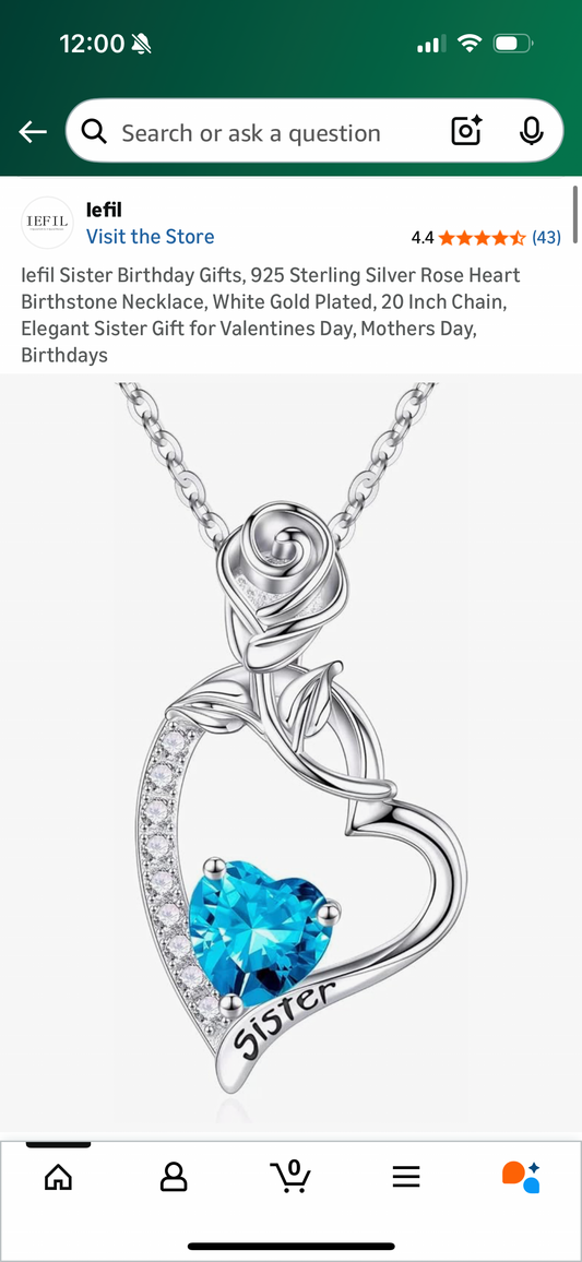 Iefil Sister Birthday Gifts, 925 Sterling Silver Rose Heart Birthstone Necklace, White Gold Plated, 20 Inch Chain, Elegant Sister Gift for Valentines Day, Mothers Day, Birthdays