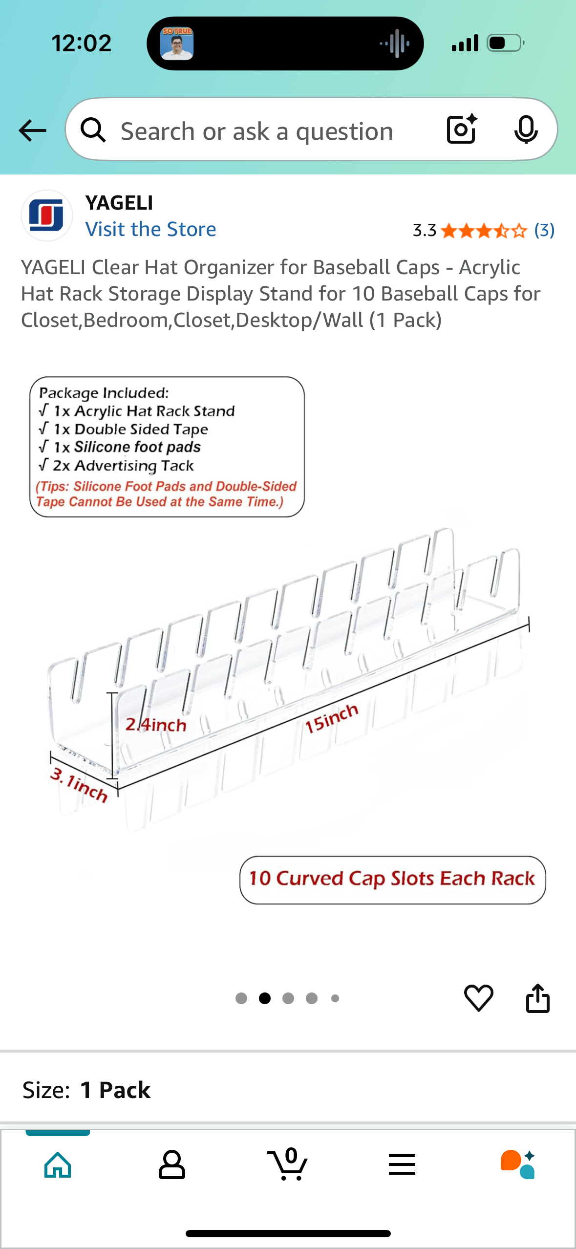 YAGELI Clear Hat Organizer for Baseball Caps - Acrylic Hat Rack Storage Display Stand for 10 Baseball Caps for Closet, Bedroom, Closet, Desktop/Wall (1 Pack)