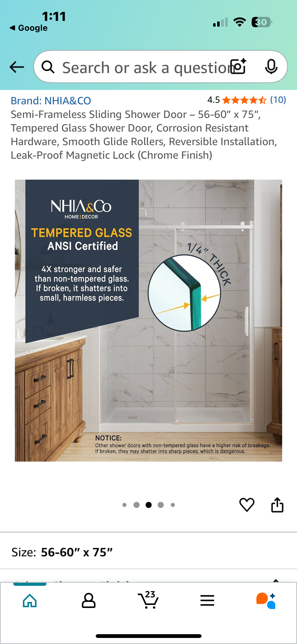 Semi-Frameless Sliding Shower Door – 56-60” x 75”, Tempered Glass Shower Door, Corrosion Resistant Hardware, Smooth Glide Rollers, Reversible Installation, Leak-Proof Magnetic Lock (Chrome Finish) (B1033)