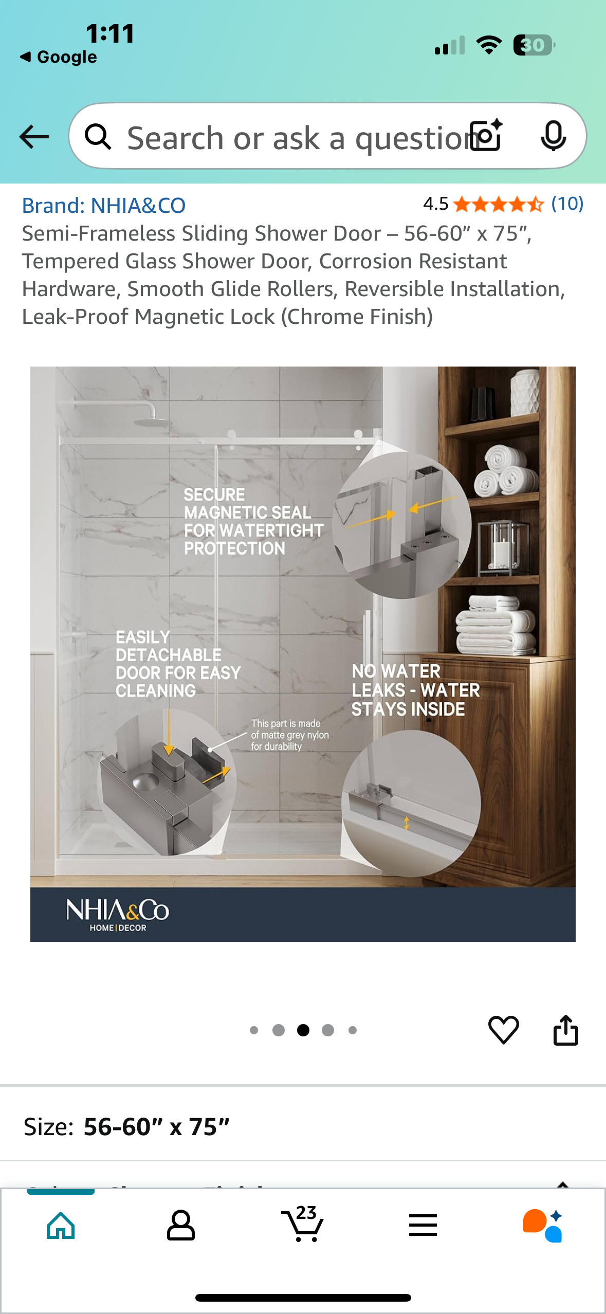 Semi-Frameless Sliding Shower Door – 56-60” x 75”, Tempered Glass Shower Door, Corrosion Resistant Hardware, Smooth Glide Rollers, Reversible Installation, Leak-Proof Magnetic Lock (Chrome Finish) (B1033)