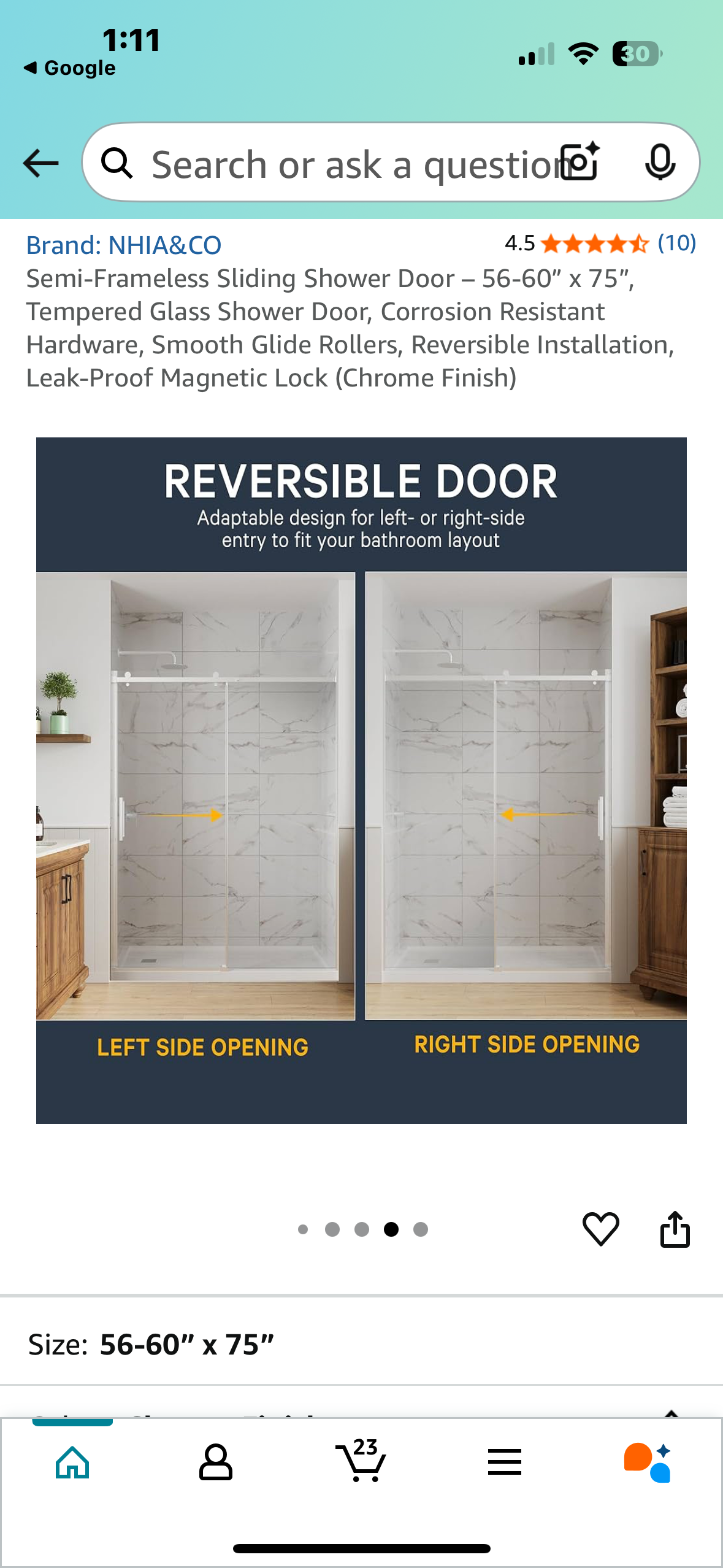 Semi-Frameless Sliding Shower Door – 56-60” x 75”, Tempered Glass Shower Door, Corrosion Resistant Hardware, Smooth Glide Rollers, Reversible Installation, Leak-Proof Magnetic Lock (Chrome Finish) (B1033)