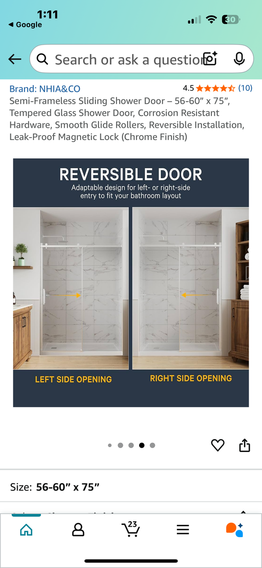 Semi-Frameless Sliding Shower Door – 56-60” x 75”, Tempered Glass Shower Door, Corrosion Resistant Hardware, Smooth Glide Rollers, Reversible Installation, Leak-Proof Magnetic Lock (Chrome Finish) (B1033)