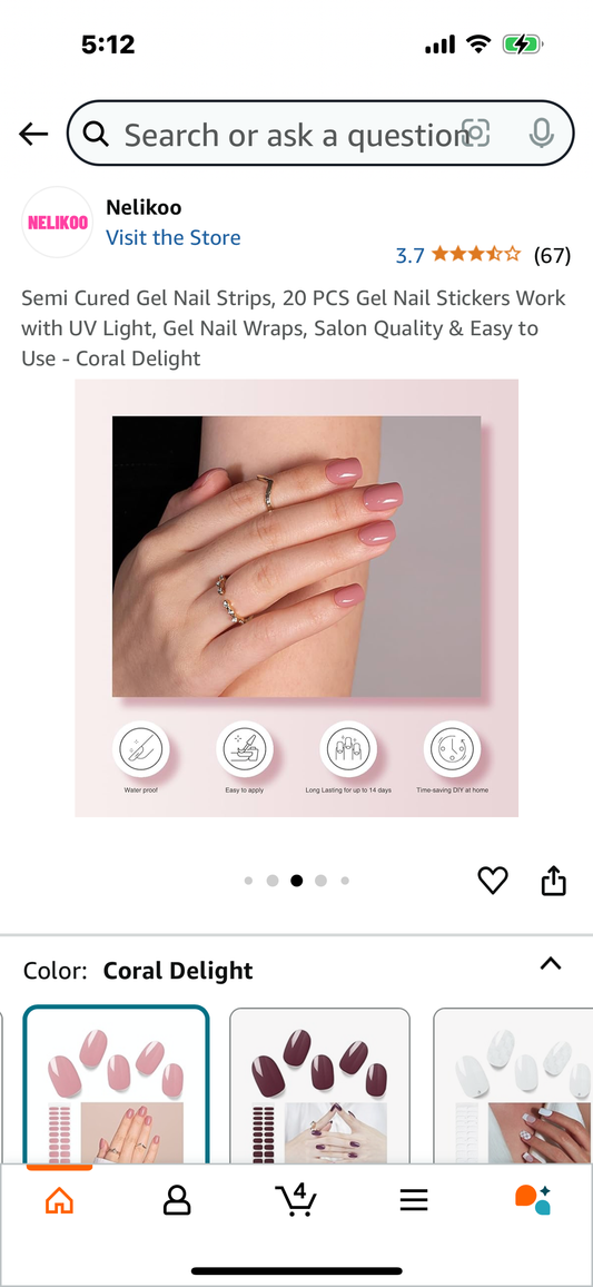 Semi Cured Gel Nail Strips, 20 PCS Gel Nail Stickers Work with UV Light, Gel Nail Wraps, Salon Quality & Easy to Use - Coral Delight