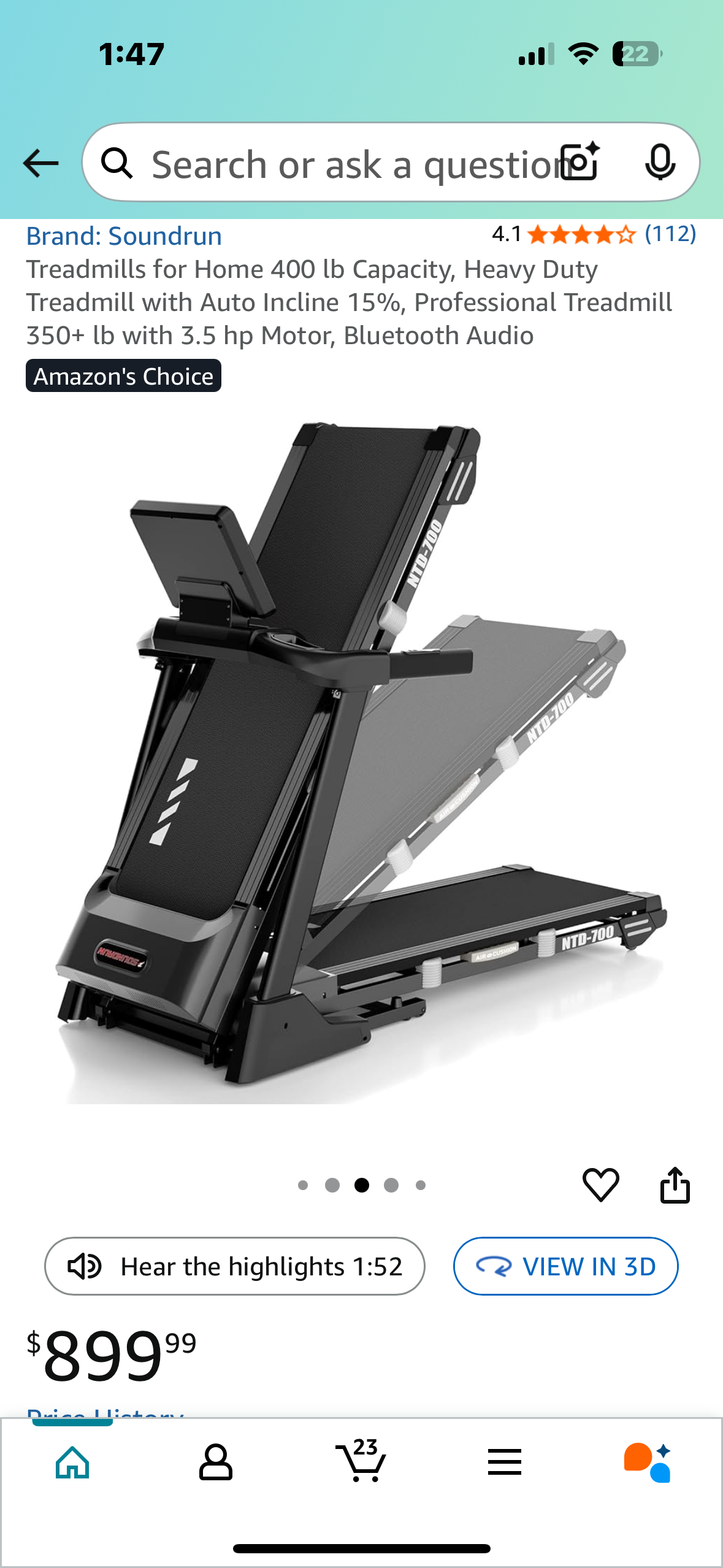 Soundrun Treadmill, Heavy Duty Treadmill with Auto Incline 15%, Professional Treadmill 350+ lb with 3.5 hp Motor, Bluetooth Audio (W489)