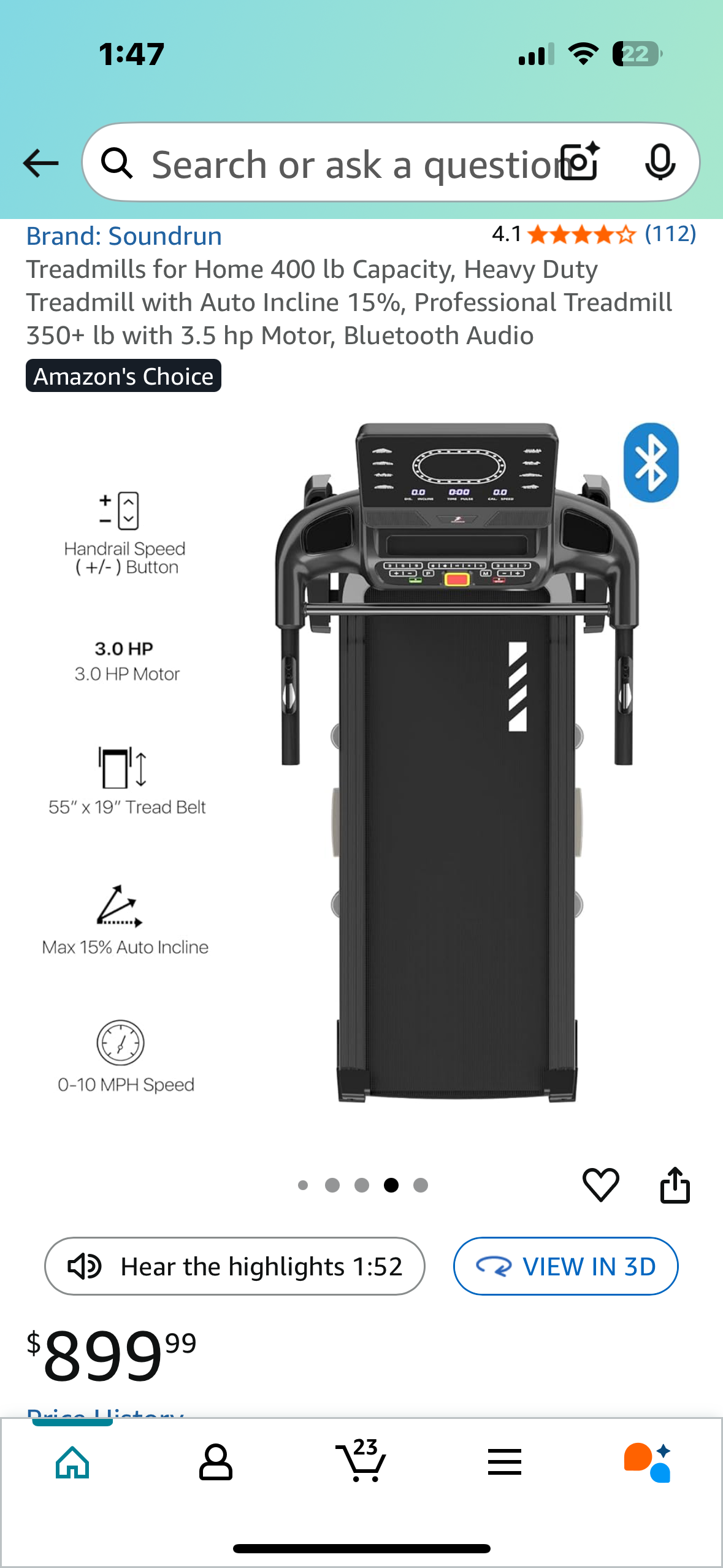 Soundrun Treadmill, Heavy Duty Treadmill with Auto Incline 15%, Professional Treadmill 350+ lb with 3.5 hp Motor, Bluetooth Audio (W489)