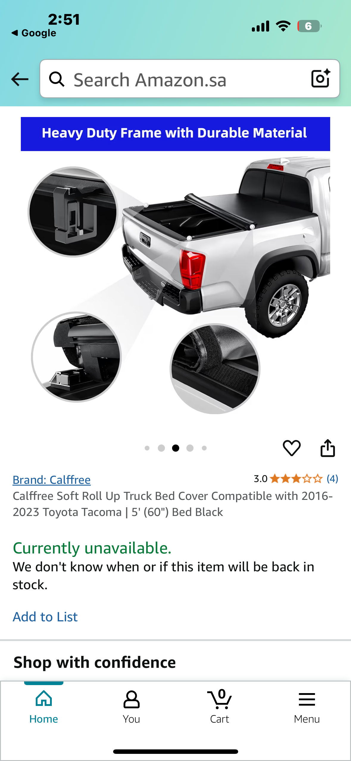 New - Calffree Soft Roll Up Truck Bed Cover Compatible with 2016-2023 Toyota Tacoma | 5' (60") Bed Black (G745)