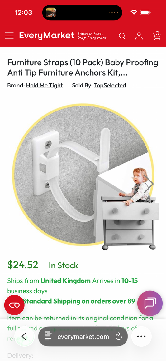 Furniture Straps (10 Pack) Baby Proofing Anti Tip Furniture Anchors Kit, Cabinet Wall Anchors Protect Toddler and Pet from Falling Furniture, Adjustable Child Safety Straps Earthquake Resistant