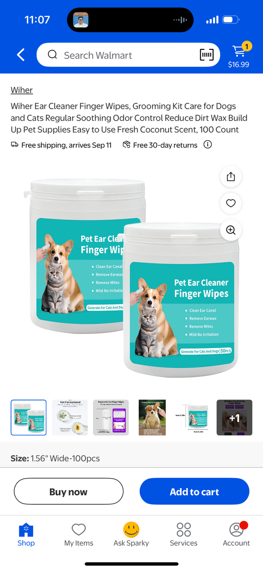 Wiher Ear Cleaner Finger Wipes, Grooming Kit Care for Dogs and Cats Regular Soothing Odor Control Reduce Dirt Wax Build Up Pet Supplies Easy to Use Fresh Coconut Scent, 100 Count