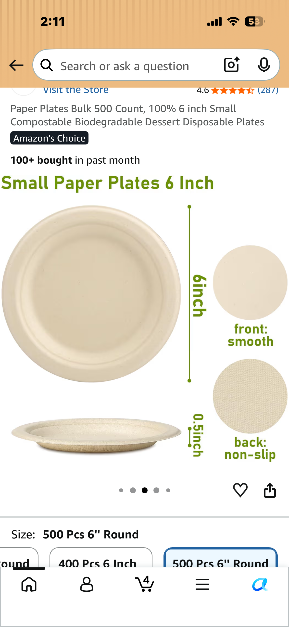 Paper Plates Bulk 500 Count, 100% 6” Small Compostable Biodegradable Dessert Disposable Plates