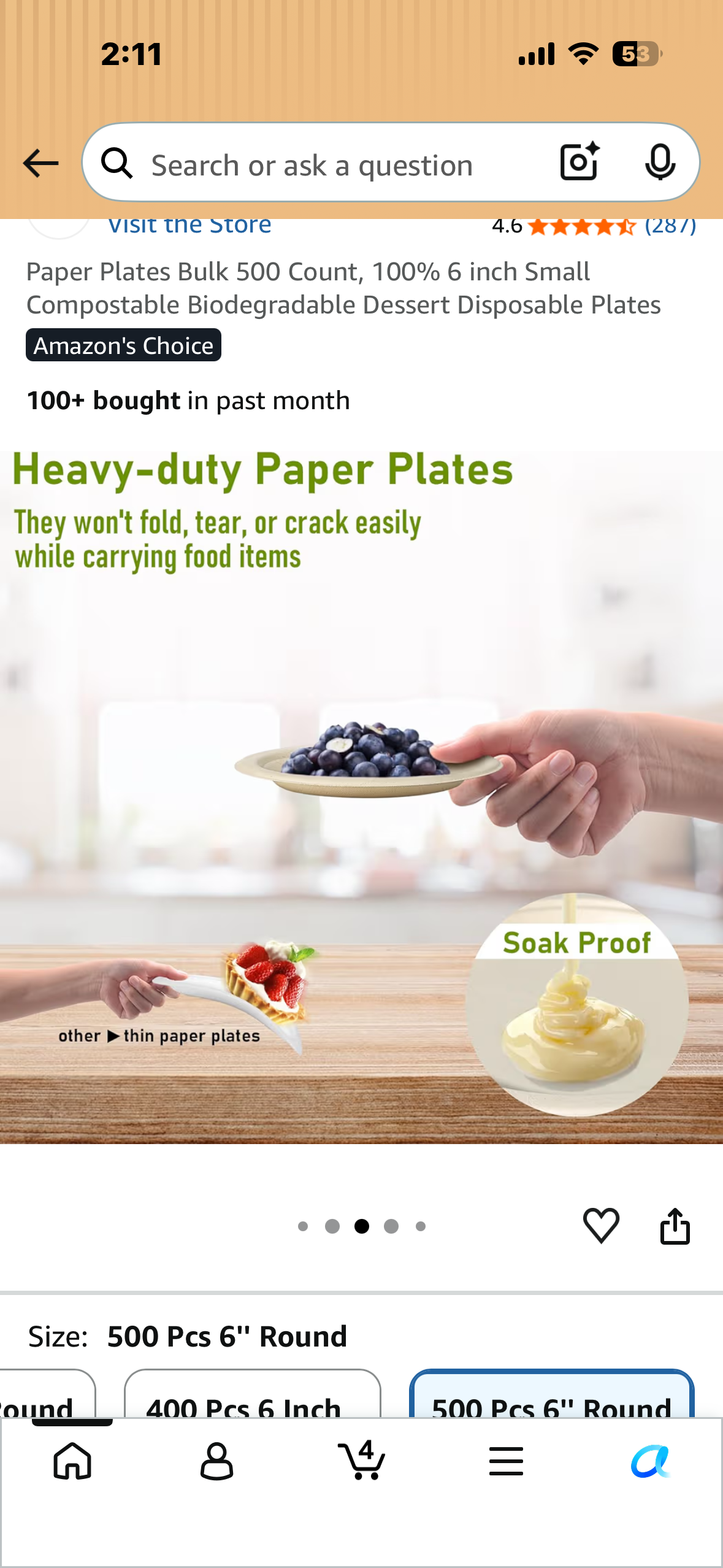 Paper Plates Bulk 500 Count, 100% 6” Small Compostable Biodegradable Dessert Disposable Plates