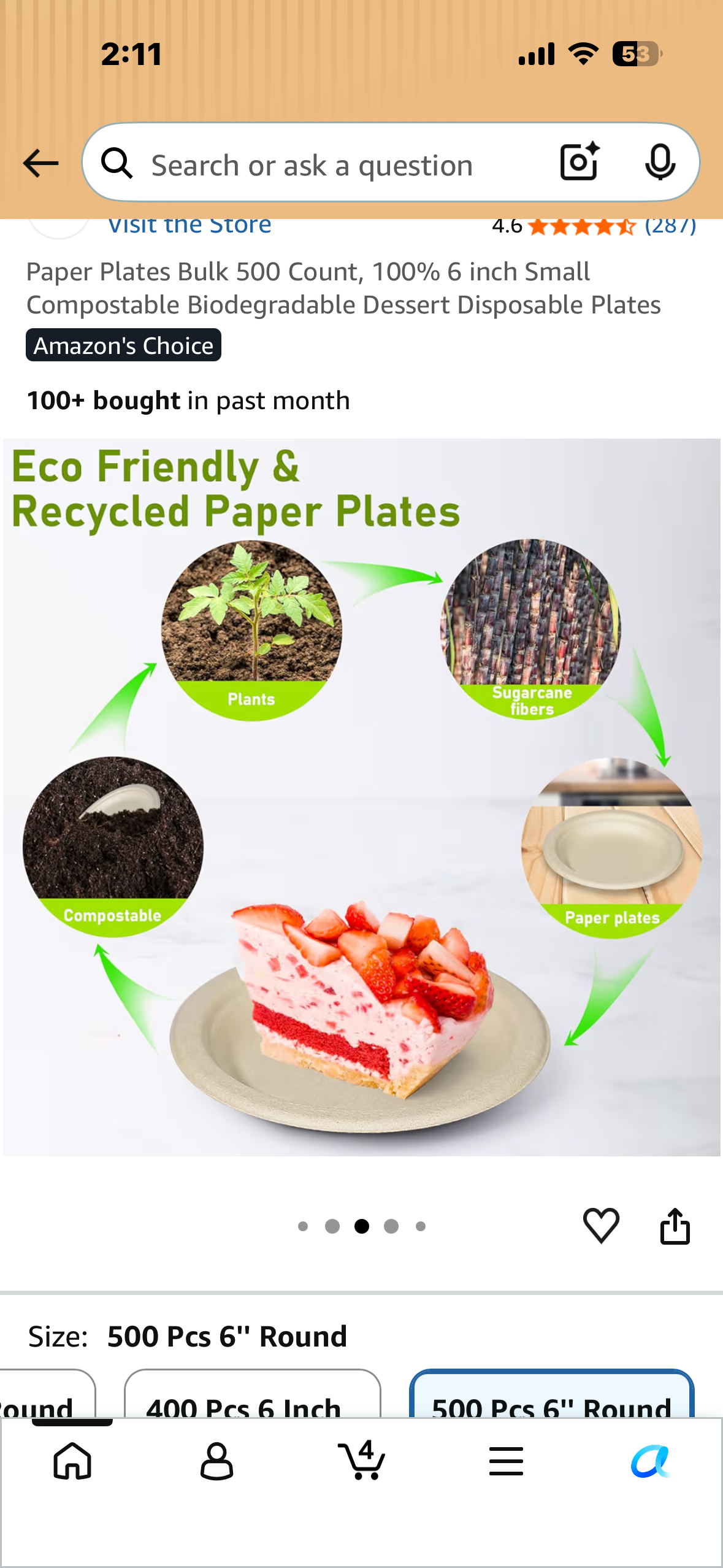 Paper Plates Bulk 500 Count, 100% 6” Small Compostable Biodegradable Dessert Disposable Plates