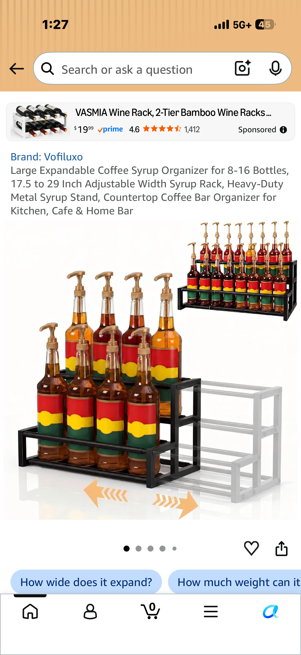Large Expandable Coffee Syrup Organizer for 8-16 Bottles, 17.5 to 29 Inch Adjustable Width Syrup Rack, Heavy-Duty Metal Syrup Stand, Countertop Coffee Bar Organizer for Kitchen, Cafe & Home Bar