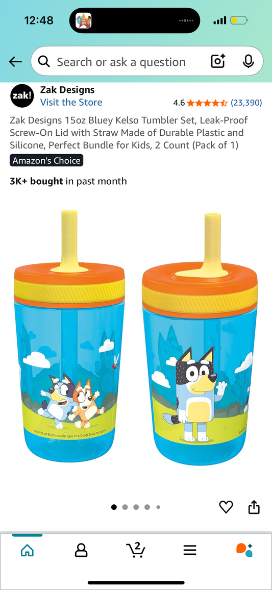 Zak Designs 15oz Bluey Kelso Tumbler Set, Leak-Proof Screw-On Lid with Straw Made of Durable Plastic and Silicone, Perfect Bundle for Kids, 2 Count (Pack of 1)